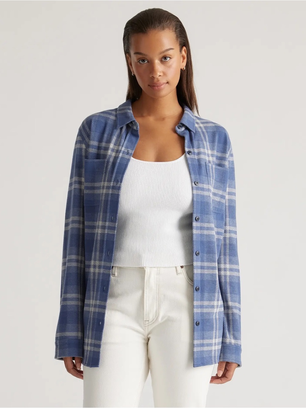 NWT Quince Stretch Sweater Fleece Shirt Indigo Check Plaid Blue XS Button Up